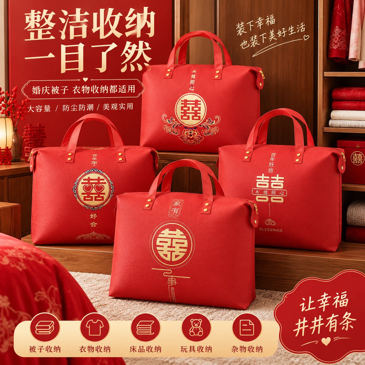 结婚被子收纳袋红色喜庆手提袋婚庆喜被包装袋加厚四件套整理袋子