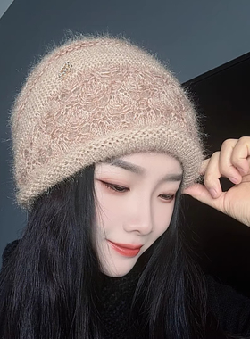 秋冬钩花手工双层毛线帽冬季针织头帽保暖松鼠绒镂空时尚女士帽子