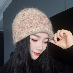 秋冬钩花手工双层毛线帽冬季 女士帽子 针织头帽保暖松鼠绒镂空时尚