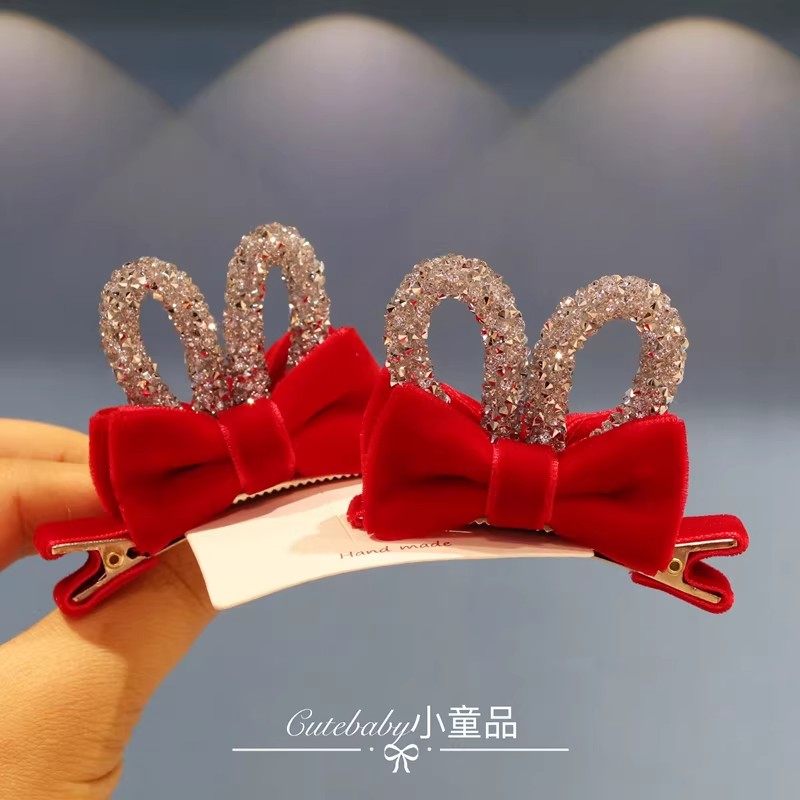 红色儿童新年头饰丝绒蝴蝶结发夹秋冬女孩兔耳朵发卡女童过年发饰,家庭/个人清洁工具,发圈/发网,淘宝优惠券,粉丝福利购,淘宝优惠卷