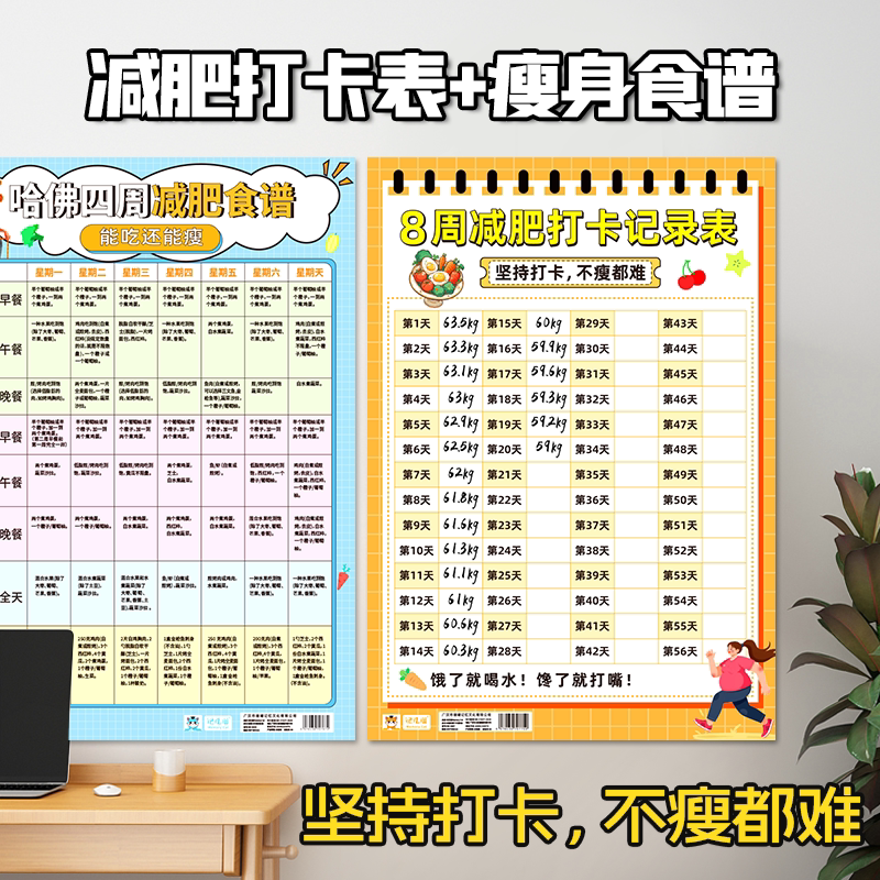 100天减肥计划表健身体重打卡墙贴自律瘦身重量登记表百日减重目标
