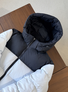 拼色连帽鹅绒服防风防水户外羽绒服黑白撞色运动宽松情侣鹅绒服