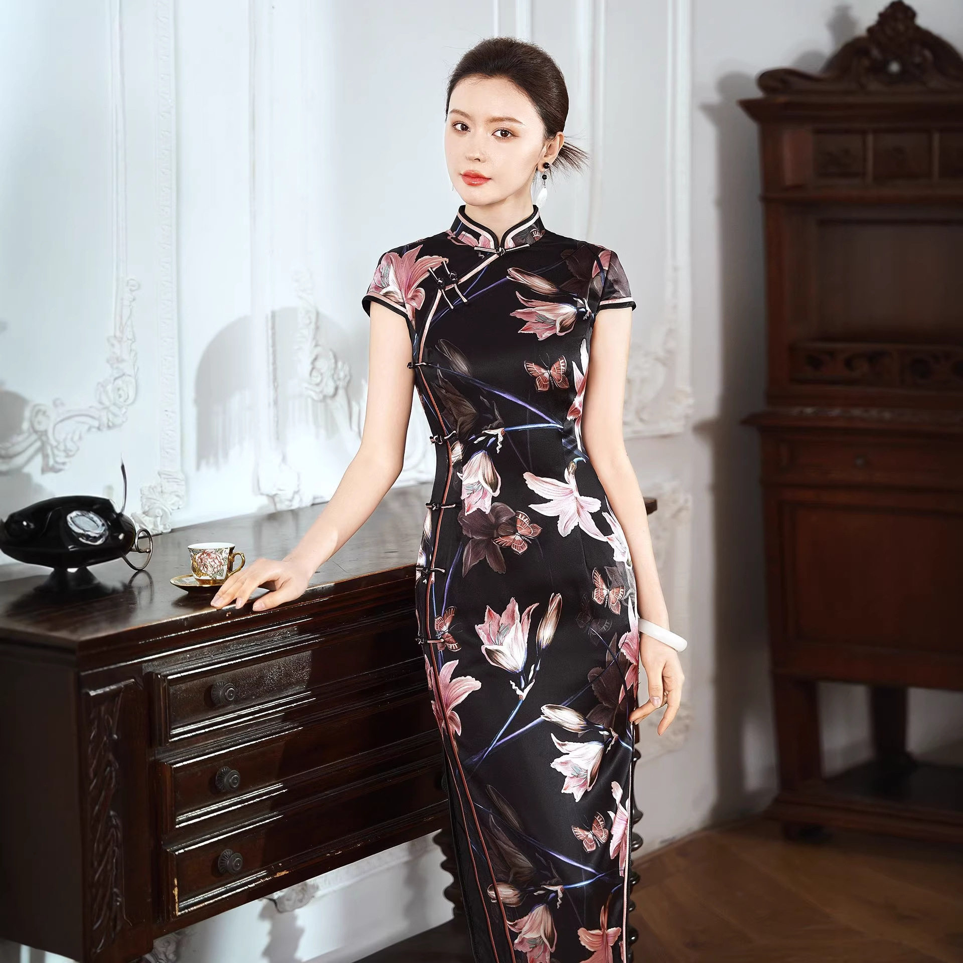 桑蚕丝真丝旗袍高个子长款改良连衣裙女优雅气质修身复古黑色夏季
