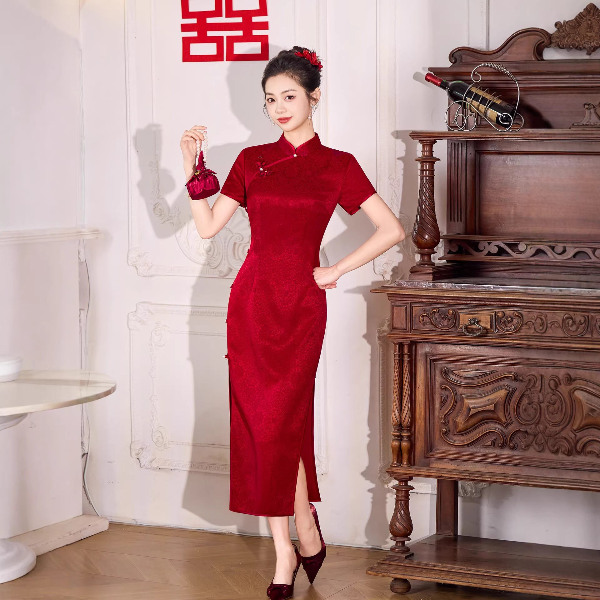 新娘敬酒服高端婚宴红色旗袍礼服醋酸长款复古中国风年轻款红装