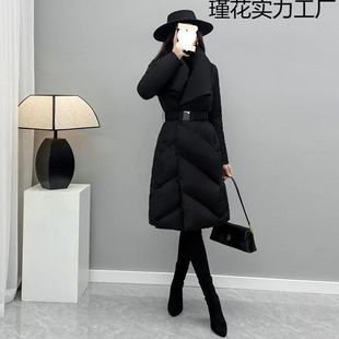 冬季新款黑色修身过膝中长款羽绒服女小个子收腰白鸭绒外套