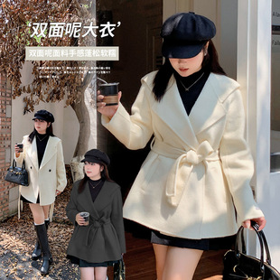 伊诺大码女装短款系带毛呢外套秋冬新款手缝双面呢大衣341692