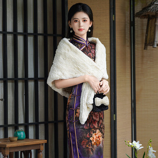 秋冬旗袍外搭披肩獭兔毛手工编织高级感加厚保暖坎肩百搭斗篷白色