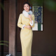 收腰 女2025高端连衣裙年轻新款 复古黄色加绒秋冬国风中式 旗袍长袖