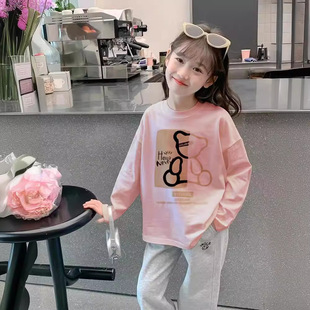 女童长袖 儿童洋气小熊打底女宝宝甜美上衣潮 纯棉t恤2024夏季 新款