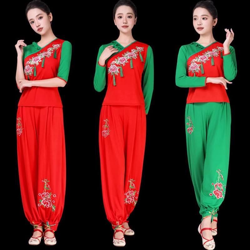 广场舞服装新款运动民族风团队舞蹈服跳秧歌舞表演出服灯笼裤套装