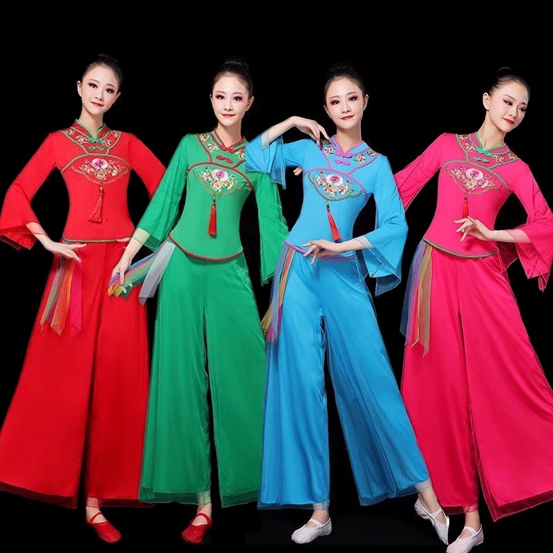 广场舞服装新款套装女团队新款扇子舞蹈服喇叭袖民族演出服秧歌服