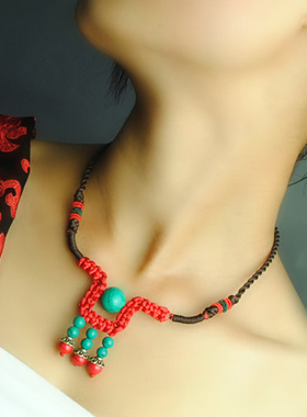 手工编织红色复古民族风锁骨链