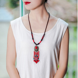 复古红色串珠毛衣链女夸张民族风百搭项链长款流苏挂件配饰首饰