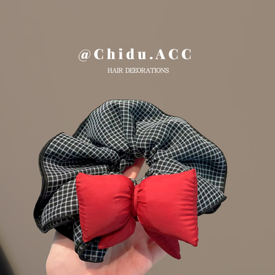 新款黑色格纹红色海绵蝴蝶结大肠发圈女发绳元气发圈头绳皮筋发饰