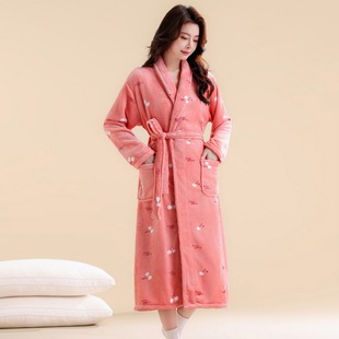 秋冬季 法兰绒睡袍加厚睡衣加绒浴袍可爱女士家居服柔软珊瑚绒长款