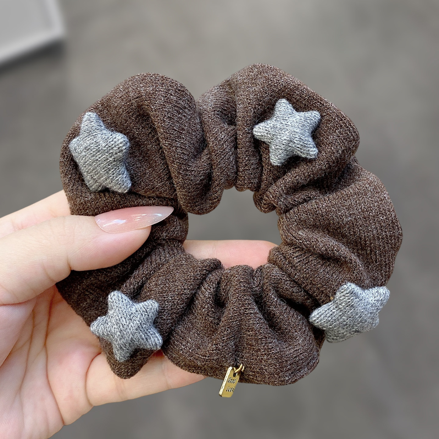 棕色针织大肠发圈立体灰色毛线星星高弹性扎发不伤发秋冬复古头绳