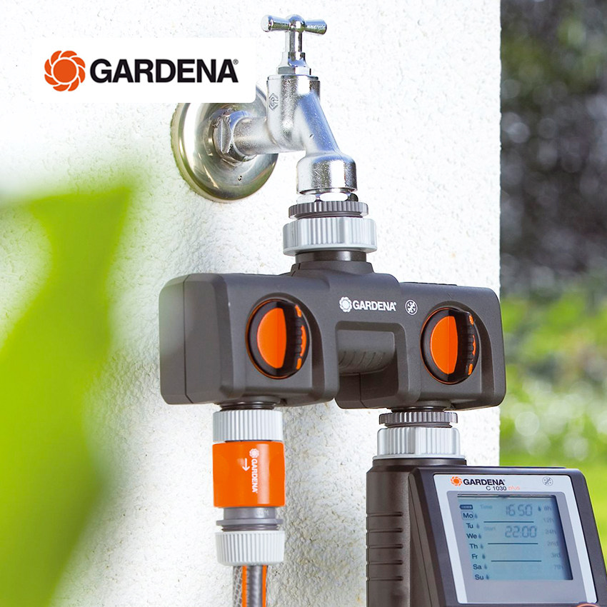 德国进口嘉丁拿两路分水器 双水龙头一进二出 双开双控一分二接头