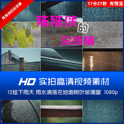 12组下雨天大小雨水滴落地面汽车树叶马路实拍高清视频素材1080p