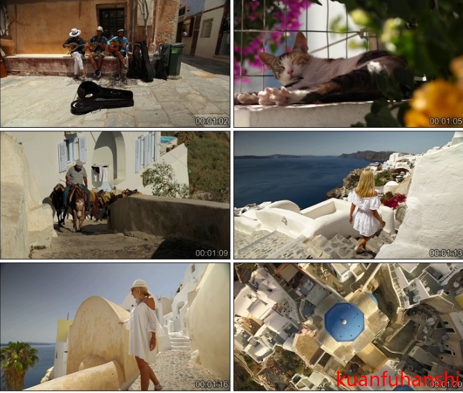 欧洲风光希腊圣托里尼岛大海小镇街头艺术猫日出高清实拍视频素材