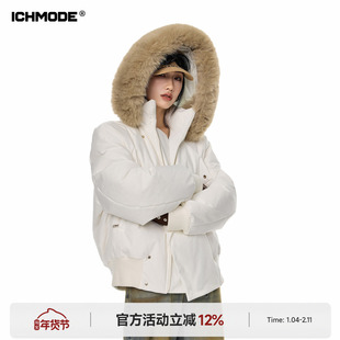 ICH MODE 美式短款毛领棉衣棉服女新款冬季连帽保暖棉袄加厚外套
