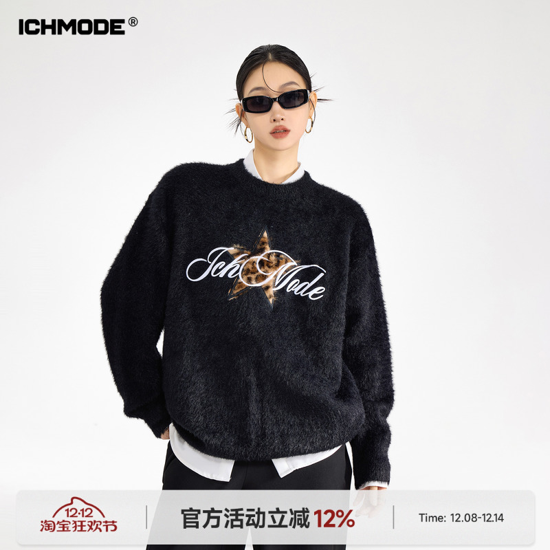 ICH MODE 美式马海毛豹纹刺绣毛衣女冬季新款圆领针织衫毛衫外套