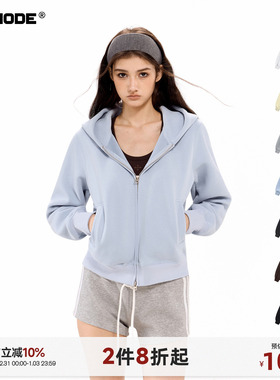 ICHMODE 美式连帽短款修身蓝色卫衣外套女春季流行运动开衫上衣