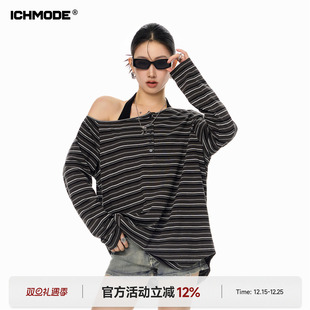 春夏露肩长袖 ICH 复古斜肩T恤女2026新款 美式 宽松一字肩上衣 MODE