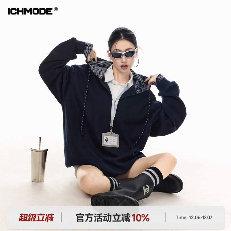 美式格子拼接连帽卫衣宽松外套