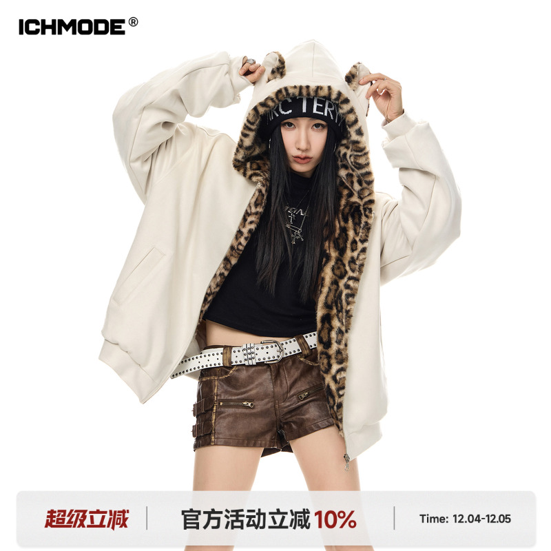 ICH MODE 美式耳朵麂皮绒豹纹棉服女2025新款秋冬季防寒夹棉外套
