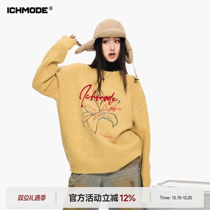 ICH MODE 美式复古花卉毛衣女冬季圆领慵懒高级感针织衫2026新款