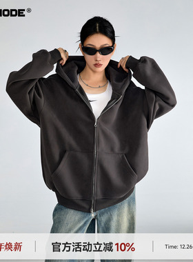 ICH MODE美式复古连帽深灰色卫衣外套女春季新款宽松拉链开衫上衣