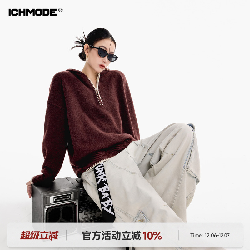 美式半拉链连帽毛衣女针织衫