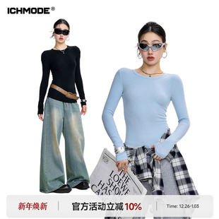 复古正肩长袖 美式 T恤女春季 修身 一字肩上衣 ICH 内搭打底衫 MODE