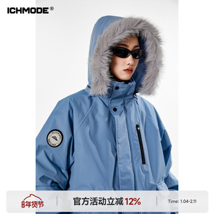 ICH MODE 美式复古派克服蓝色棉服女冬季工装外套棉衣棉袄新款