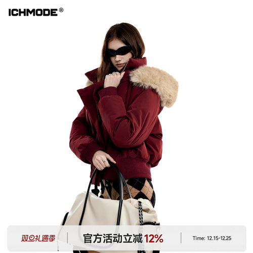 ICHMODE 美式毛领连帽短款棉服女冬季保暖棉衣夹棉棉袄红色厚外套