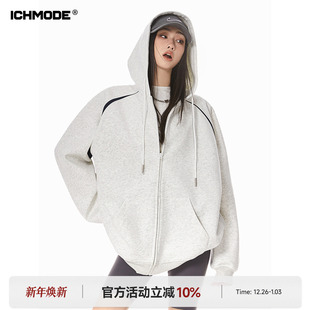 流行宽松运动开衫 ICHMODE 新款 哈苏线连帽卫衣外套女春季 上衣 美式
