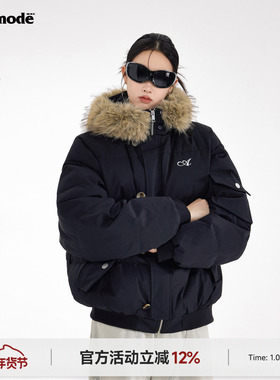 ICHMODE 美式90白鸭绒毛领连帽羽绒服女冬季新款防寒保暖加厚外套