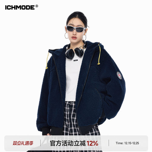 ICHMODE 美式复古摇粒绒连帽保暖棉服女冬季加厚棉衣外套宽松棉袄