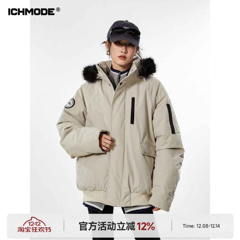 ICHMODE 美式毛领连帽工装棉服女冬季防寒保暖派克服加厚棉衣外套