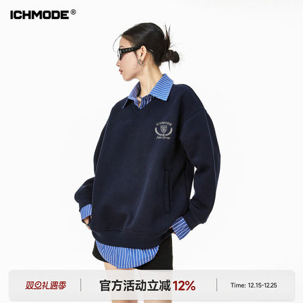 ICH MODE 美式拼接假两件卫衣女新款2026年春季运动休闲外套上衣