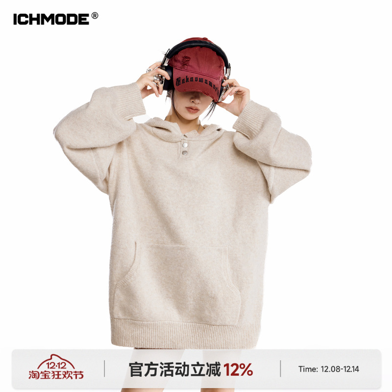 ICH MODE 美式纽扣连帽慵懒针织衫毛衣女冬季松弛感宽松套头上衣