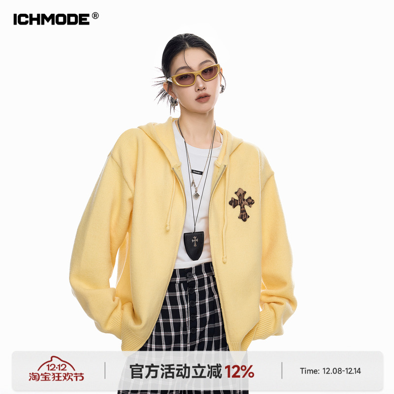 ICHMODE 美式连帽宽松针织开衫女冬季休闲百搭慵懒双拉链毛衣外套