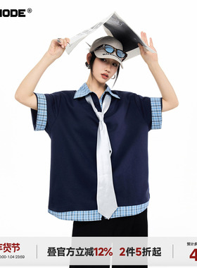 ICH MODE【1/4 官方叠加2件5折起】美式假两件格纹衬衫女开衫衬衣