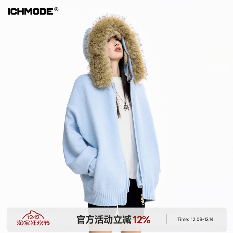 美式毛领连帽针织开衫毛衣外套