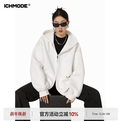 ICH MODE美式复古白色卫衣外套女秋宽松连帽开衫上衣套oversize