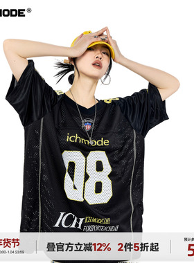 ICH MODE【1/4 官方叠加2件5折起】美式复古镂空短袖T恤女春球衣