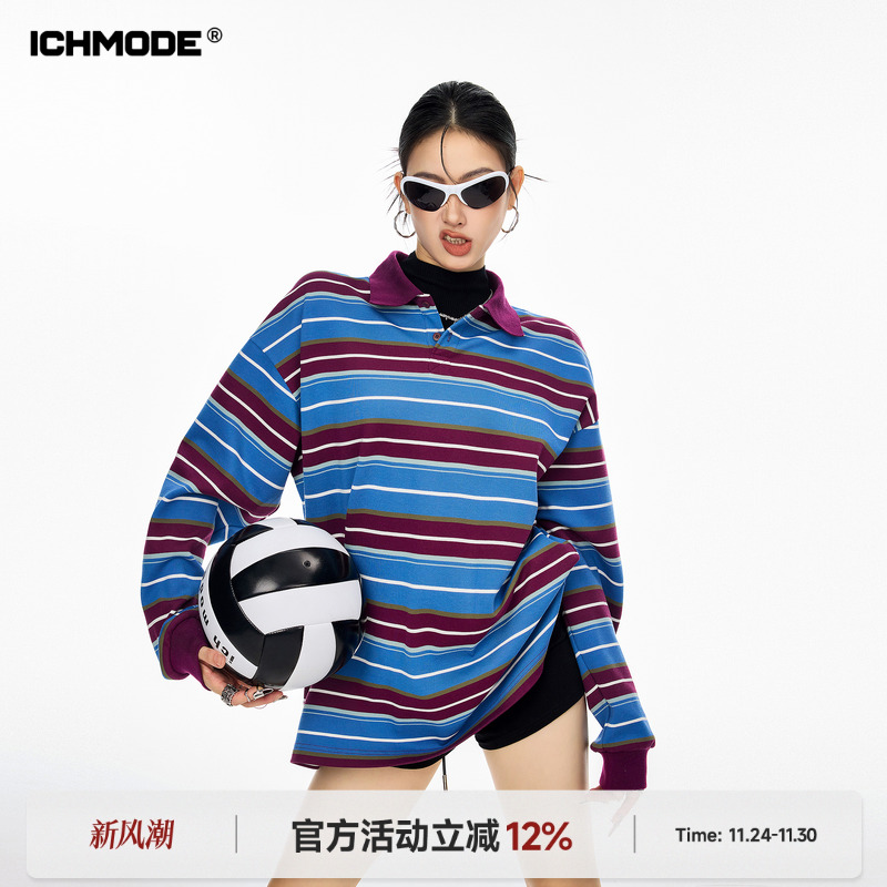 ICH MODE 美式复古条纹长袖T恤女秋冬新款拼接运动POLO衫休闲上衣