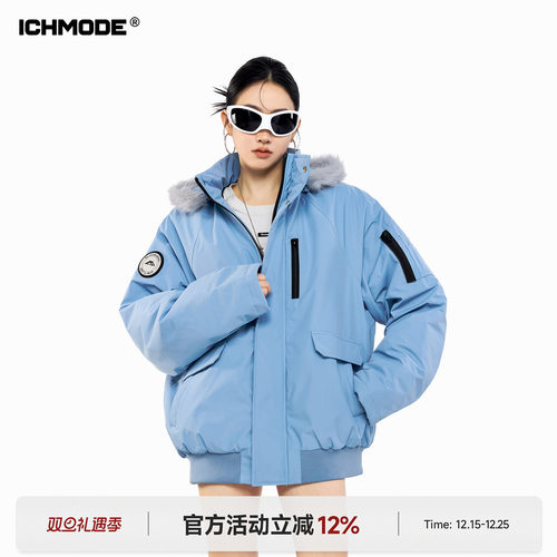 ICHMODE 美式毛领连帽加厚棉服女冬季保暖棉衣外套工装派克服棉袄