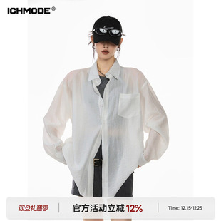 白色衬衫 美式 女夏季 宽松物理防晒罩衫 上衣 ICH 衬衣外套长袖 MODE