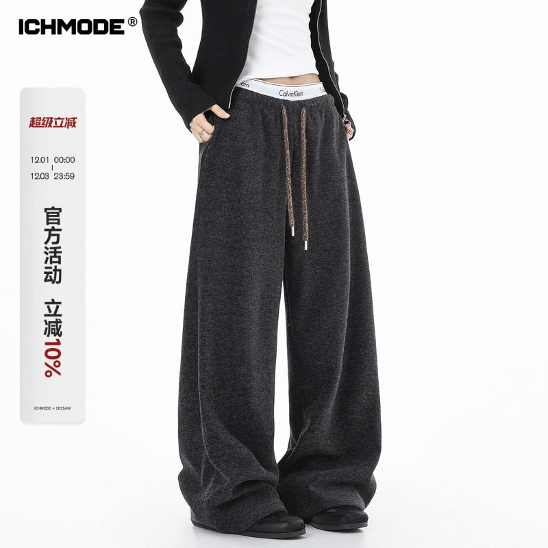 ICHMODE 美式加绒裤子女冬季直筒阔腿休闲裤运动裤加厚卫裤糯米裤